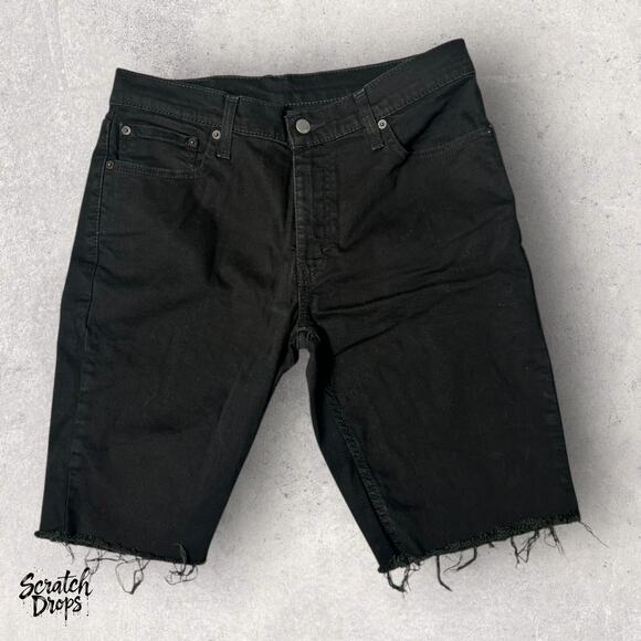 Levis Strauss Mens Black Denim Shorts Waist 33 Length 21 Distressed Hem Casual - Picture 1 of 4